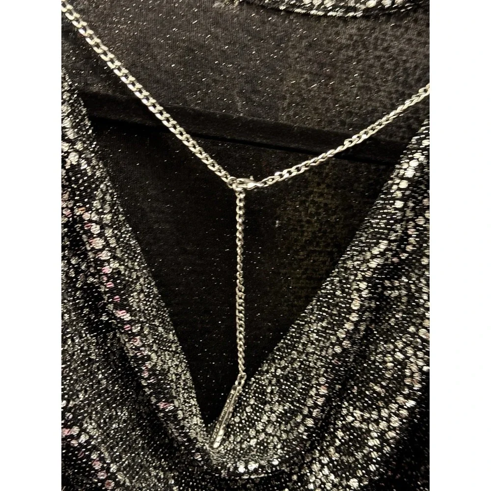 Michael Kors Black‎ Silver Scallop Glitter Lame Cowl Back Chain Dress Medium